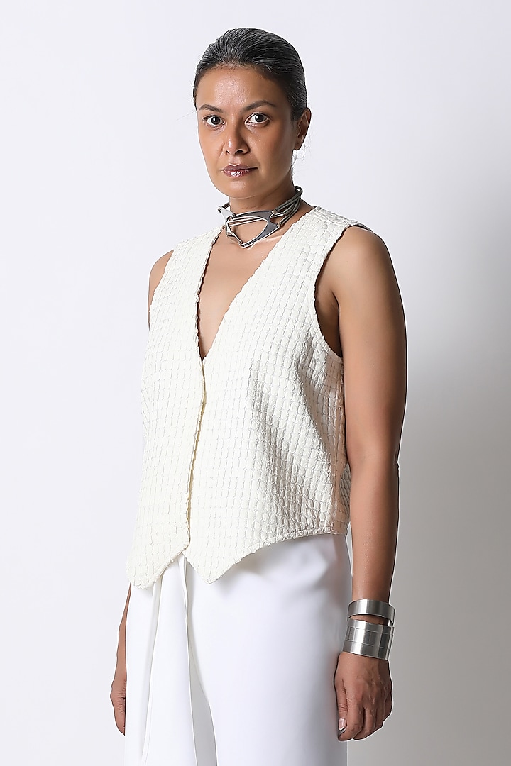 Cream Bubble Crepe Waistcoat by 431-88 By Shweta Kapur at Pernia's Pop Up Shop