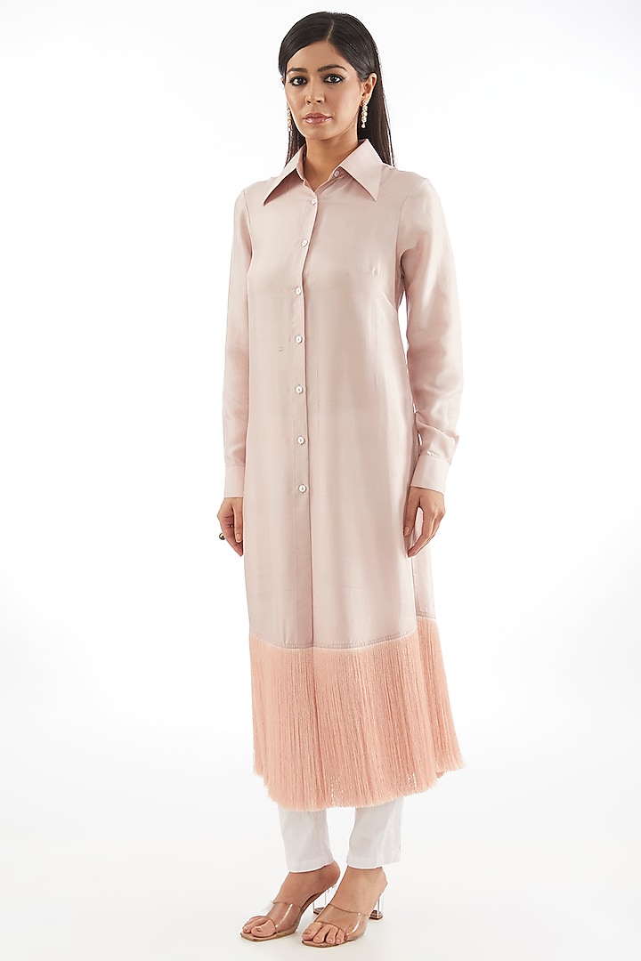 Baby Pink Silk Long Shirt by 431-88 By Shweta Kapur at Pernia's Pop Up Shop