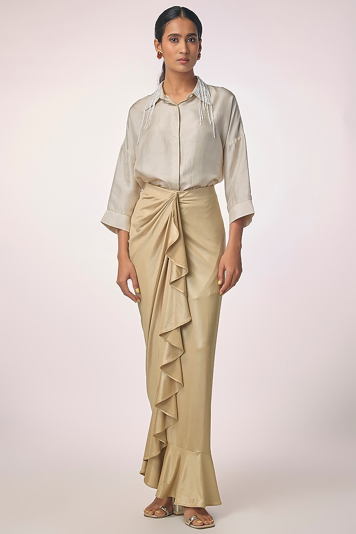 Beige Silk Satin Ruffled Wrap-Around Skirt by 431-88 By Shweta Kapur at Pernia's Pop Up Shop