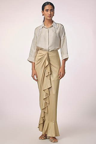 Beige Silk Satin Ruffled Wrap-Around Skirt by 431-88 By Shweta Kapur