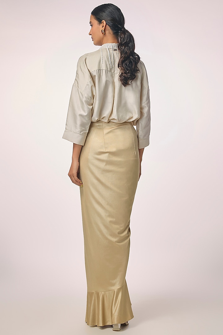 Beige Silk Satin Ruffled Wrap-Around Skirt by 431-88 By Shweta Kapur at Pernia's Pop Up Shop