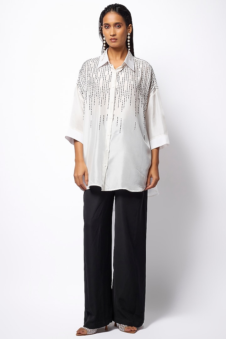 White Silk Hand Embroidered Shirt by 431-88 By Shweta Kapur at Pernia's Pop Up Shop