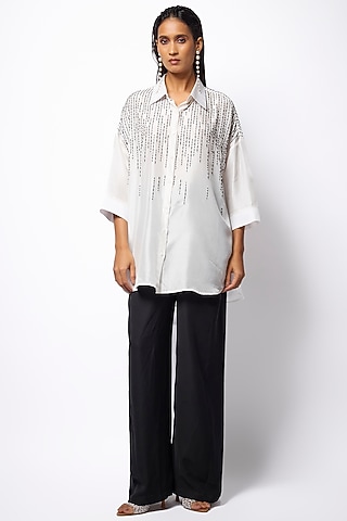White Silk Hand Embroidered Shirt by 431-88 By Shweta Kapur