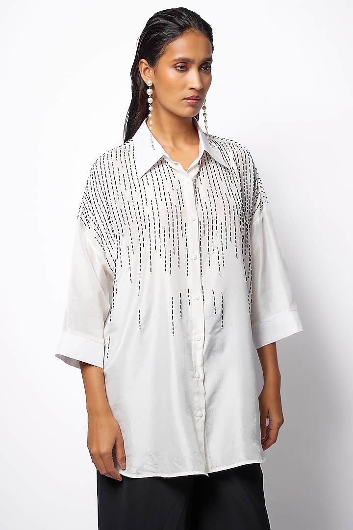 White Silk Hand Embroidered Shirt by 431-88 By Shweta Kapur at Pernia's Pop Up Shop
