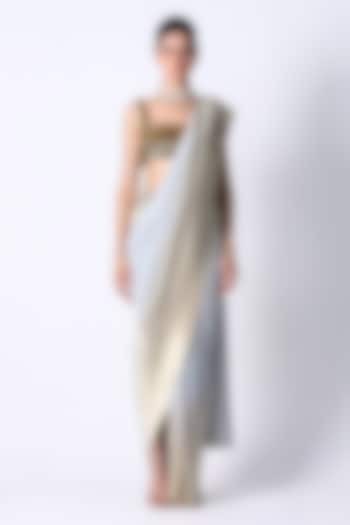 Ice Blue & Light Gold Ombre Silk Pre-Draped Wedding Saree by 431-88 By Shweta Kapur at Pernia's Pop Up Shop