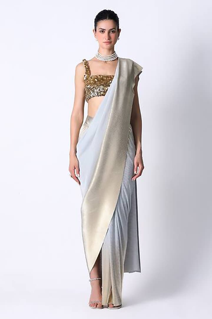 Ice Blue & Light Gold Ombre Silk Pre-Draped Wedding Saree by 431-88 By Shweta Kapur at Pernia's Pop Up Shop