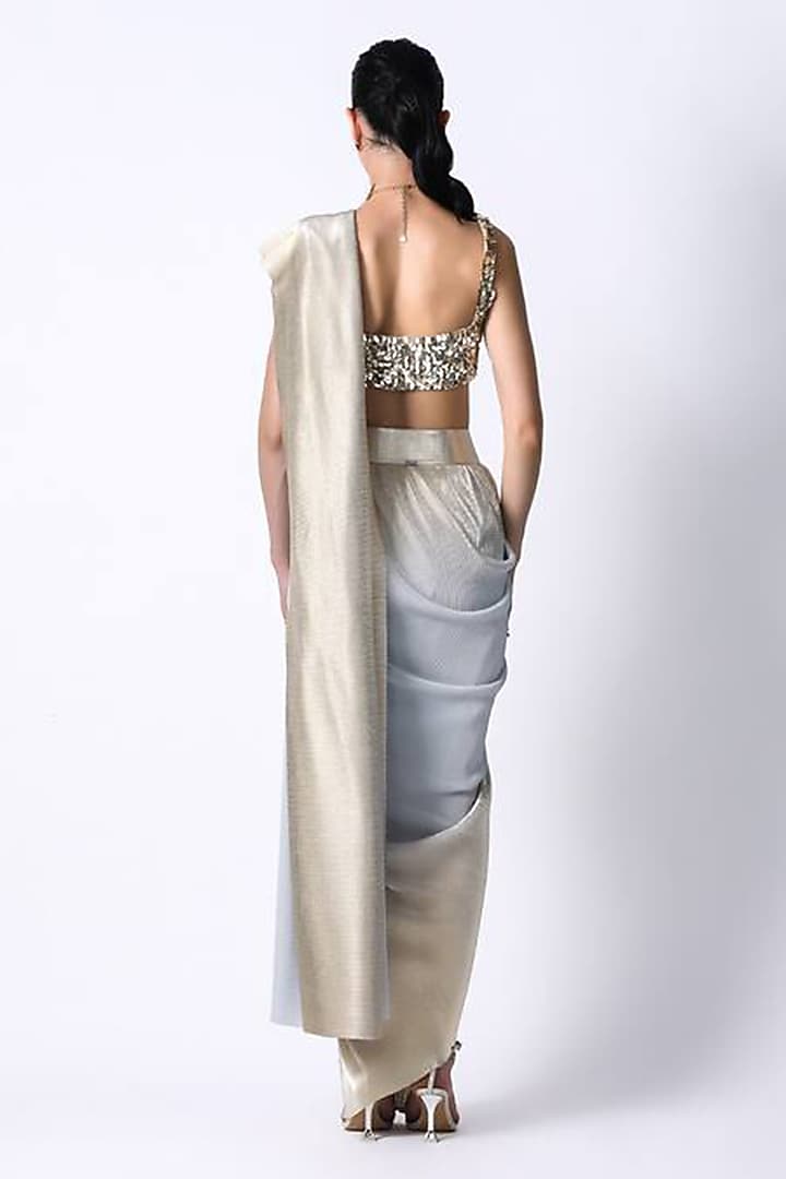 Ice Blue & Light Gold Ombre Silk Pre-Draped Wedding Saree by 431-88 By Shweta Kapur at Pernia's Pop Up Shop
