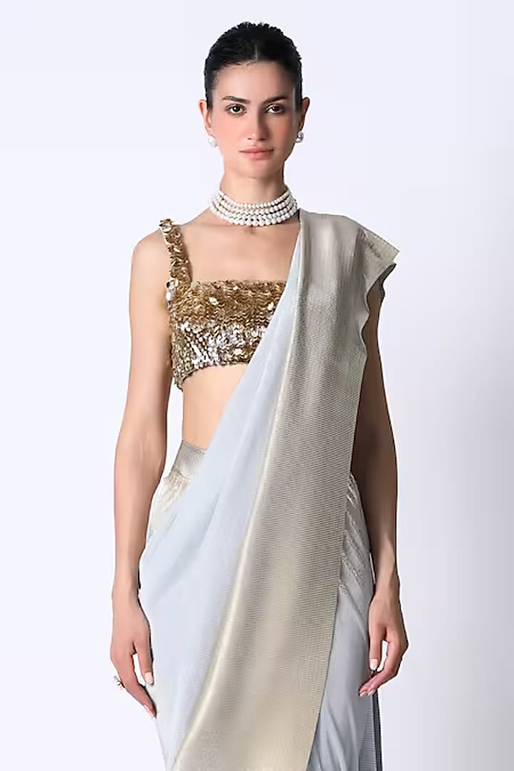 Ice Blue & Light Gold Ombre Silk Pre-Draped Wedding Saree by 431-88 By Shweta Kapur at Pernia's Pop Up Shop
