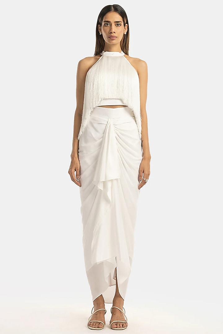 White Satin Halter Fringe Top by 431-88 By Shweta Kapur at Pernia's Pop Up Shop