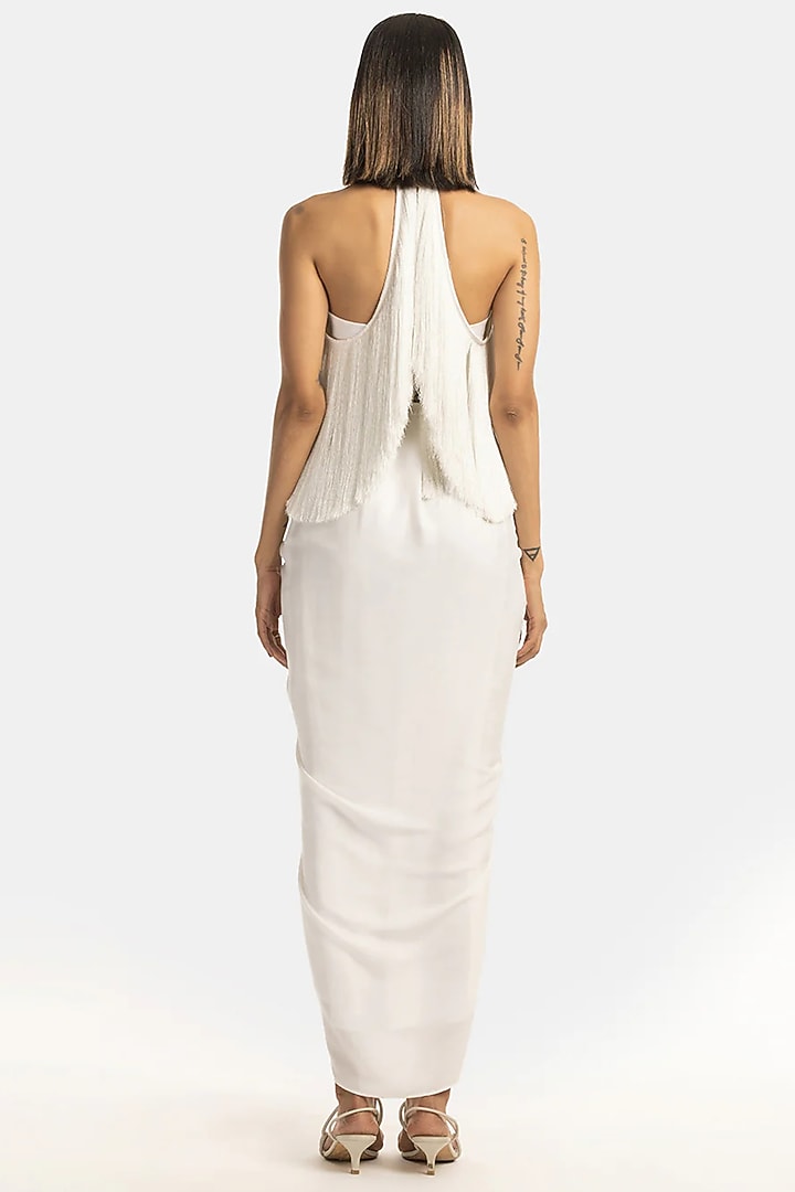 White Satin Halter Fringe Top by 431-88 By Shweta Kapur at Pernia's Pop Up Shop