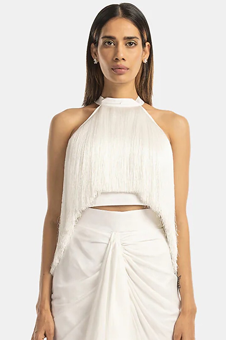White Satin Halter Fringe Top by 431-88 By Shweta Kapur at Pernia's Pop Up Shop