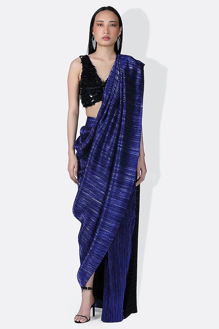 Electric Blue Pleated Metallic Fabric Draped Wedding Saree by 431-88 By Shweta Kapur at Pernia's Pop Up Shop