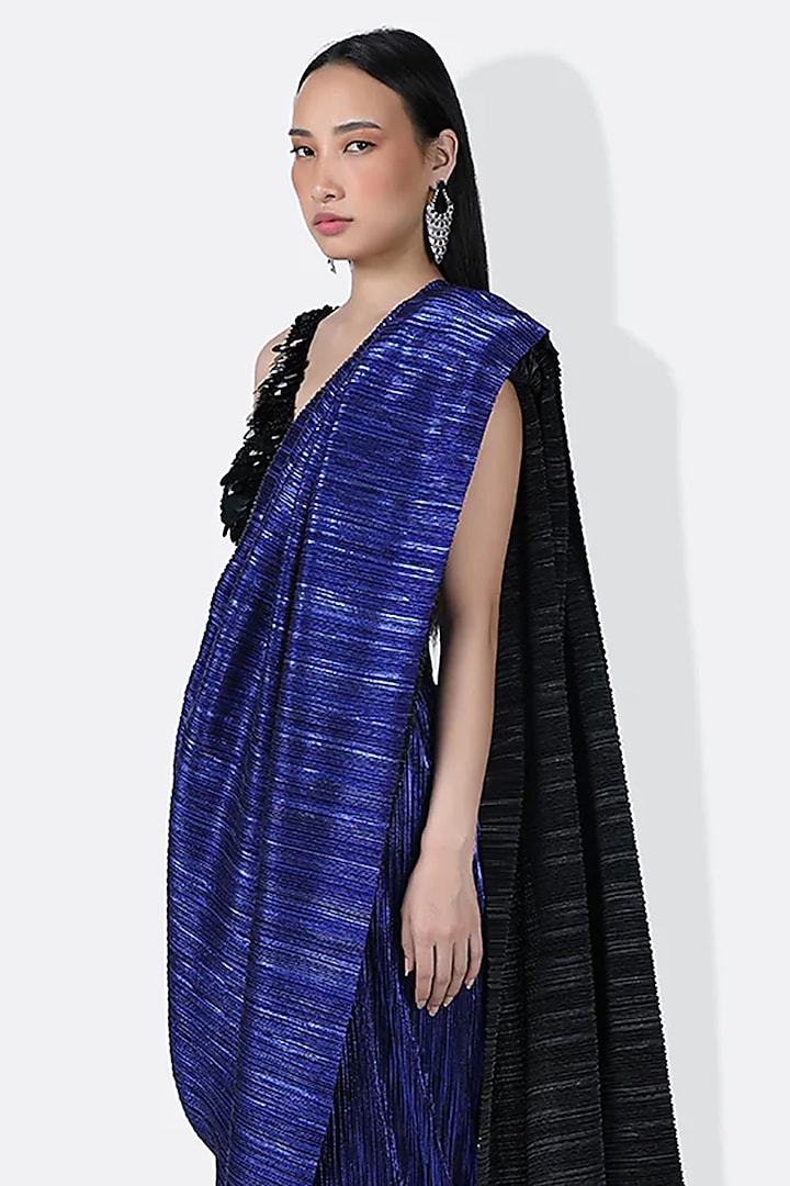 Electric Blue Pleated Metallic Fabric Draped Wedding Saree by 431-88 By Shweta Kapur at Pernia's Pop Up Shop