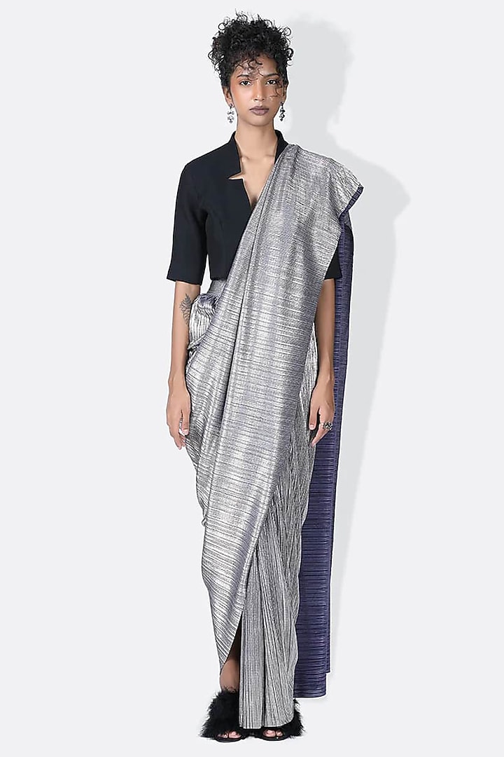 Blue Gold Pleated Metallic Wedding Saree by 431-88 By Shweta Kapur at Pernia's Pop Up Shop