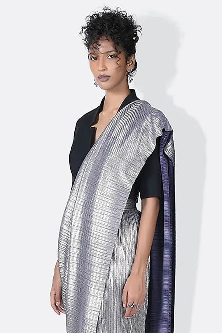 Blue Gold Pleated Metallic Wedding Saree by 431-88 By Shweta Kapur at Pernia's Pop Up Shop