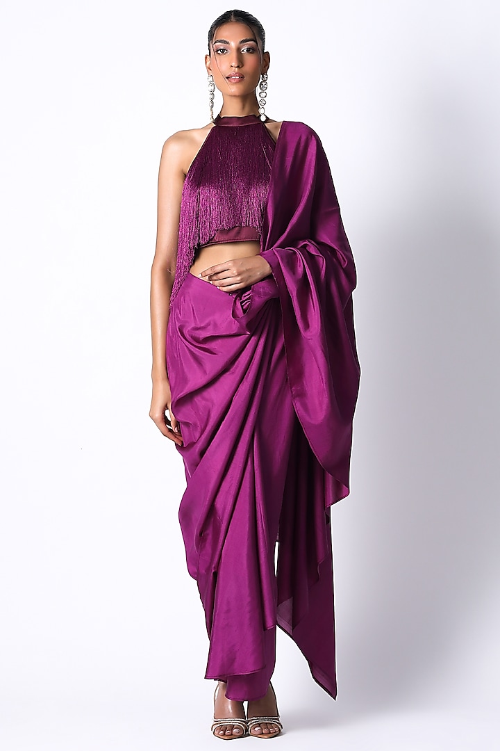 Purple Satin & Silk Pre-Draped Wedding Saree Set by 431-88 By Shweta Kapur at Pernia's Pop Up Shop