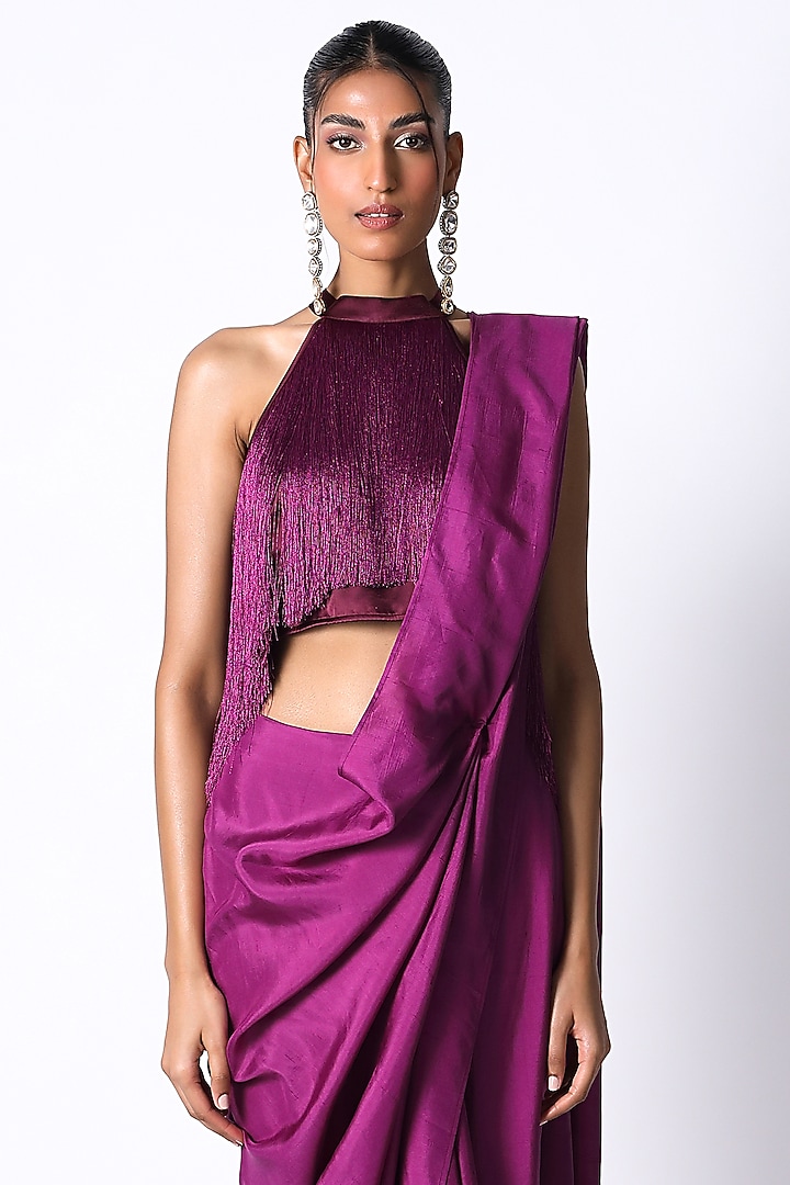 Purple Satin & Silk Pre-Draped Wedding Saree Set by 431-88 By Shweta Kapur at Pernia's Pop Up Shop