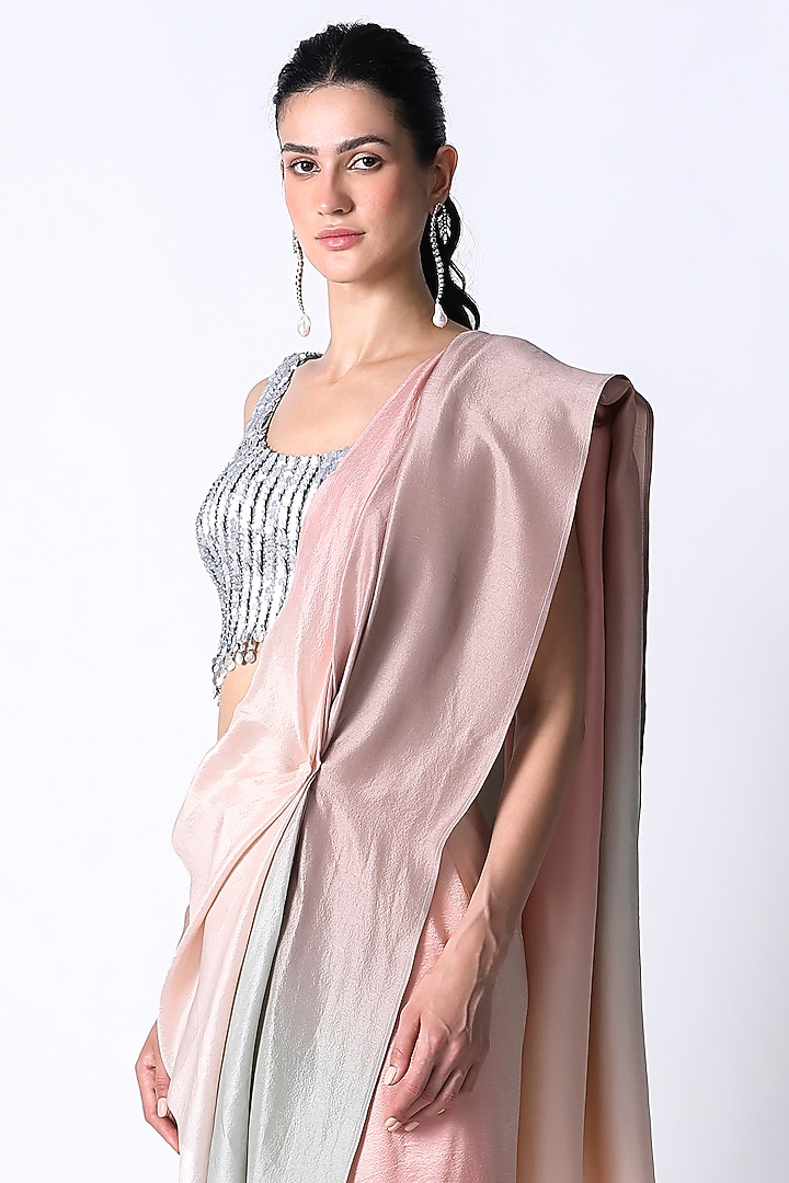 Silver & Salmon Pink Ombre Silk Wedding Saree Set by 431-88 By Shweta Kapur at Pernia's Pop Up Shop