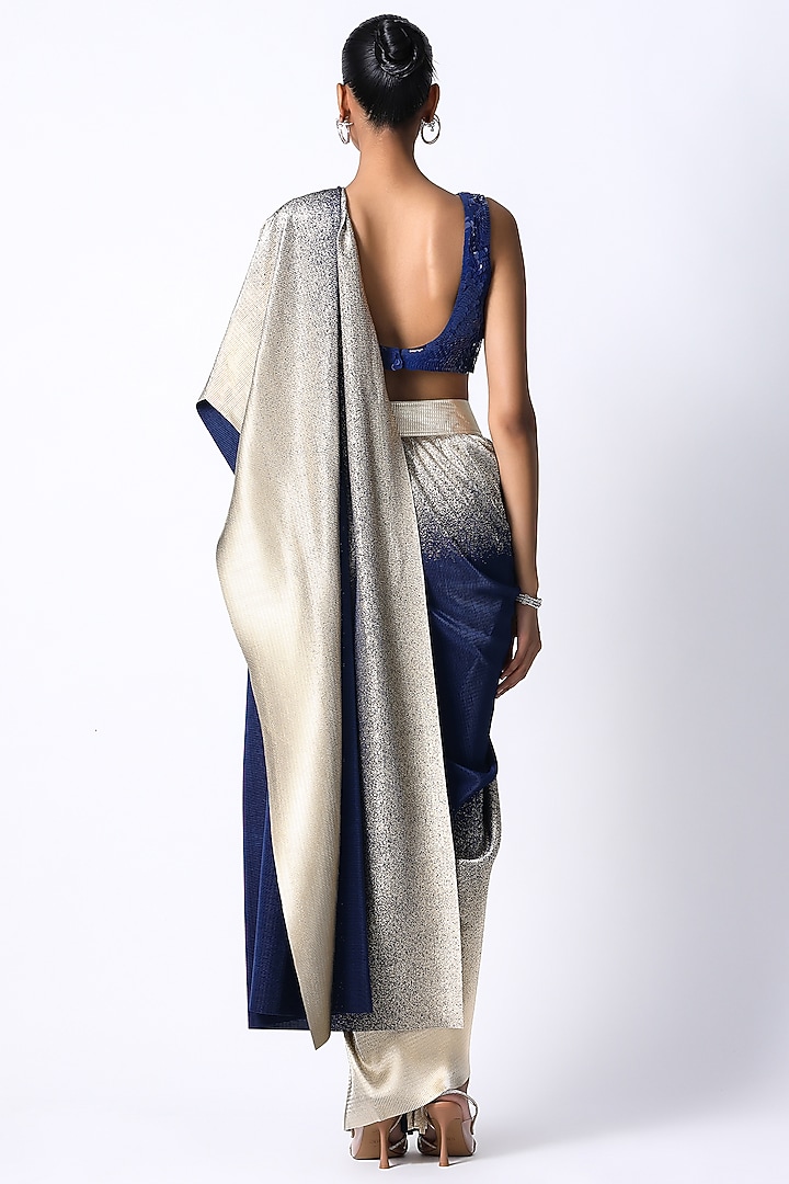 Midnight Blue & Gold Ombre Pleated Metallic Pre-Draped Wedding Saree Set by 431-88 By Shweta Kapur at Pernia's Pop Up Shop