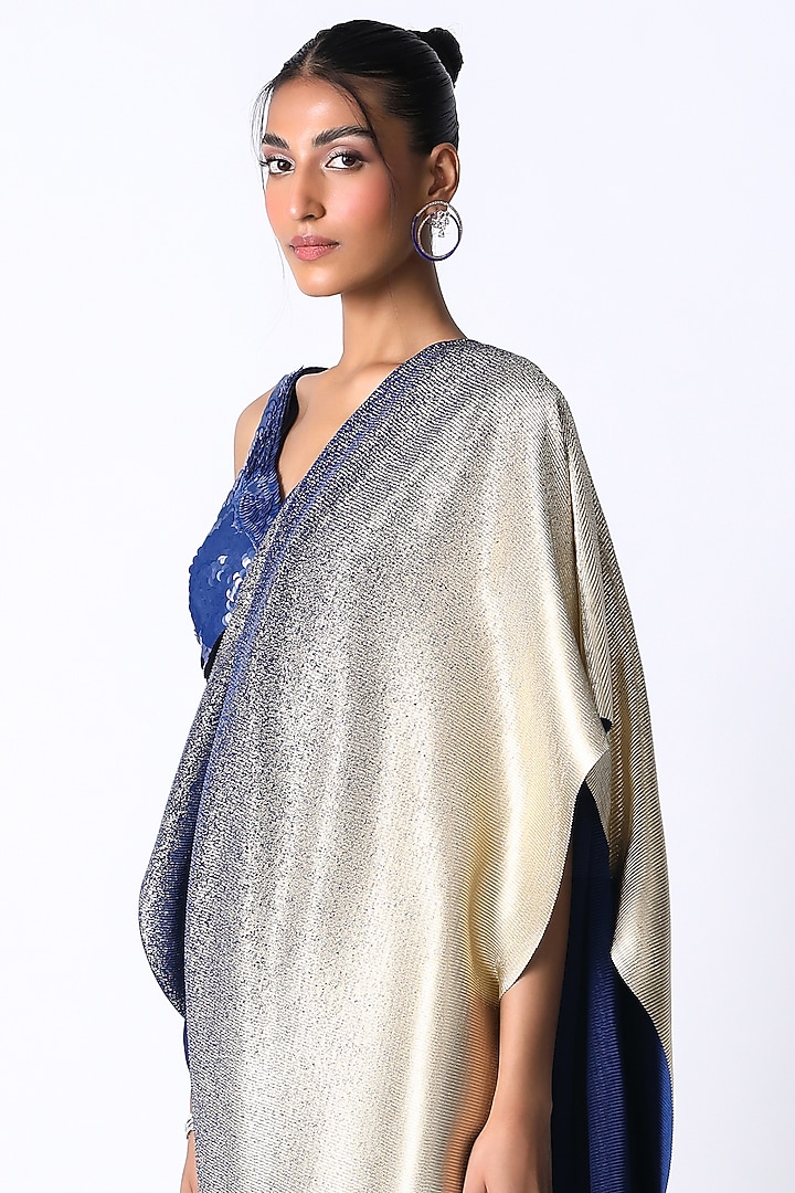 Midnight Blue & Gold Ombre Pleated Metallic Pre-Draped Wedding Saree Set by 431-88 By Shweta Kapur at Pernia's Pop Up Shop