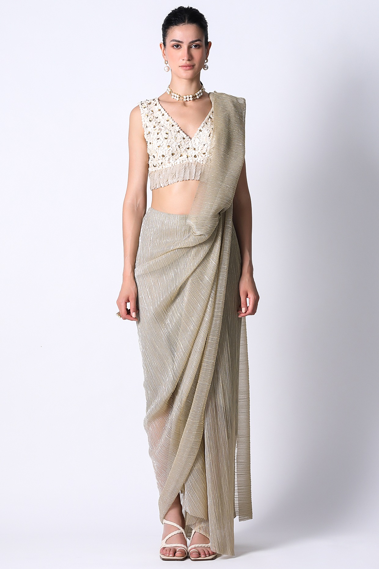 Buy Champagne Beige Chiffon Saree online-Karagiri