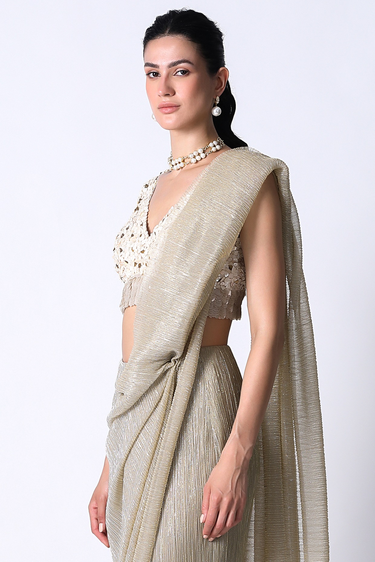 Buy Champagne Sequins Embroidered Lycra Saree Online | Samyakk