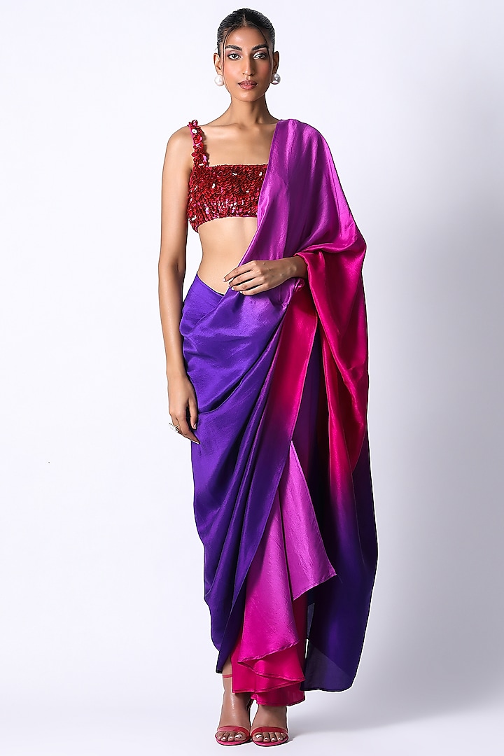 Fuchsia & Purple Ombre Silk Saree Set by 431-88 By Shweta Kapur at Pernia's Pop Up Shop