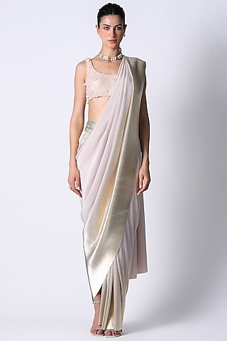 Peach Silk & Pleated Metallic Hand Embroidered RiRi Blouse by 431-88 By Shweta Kapur