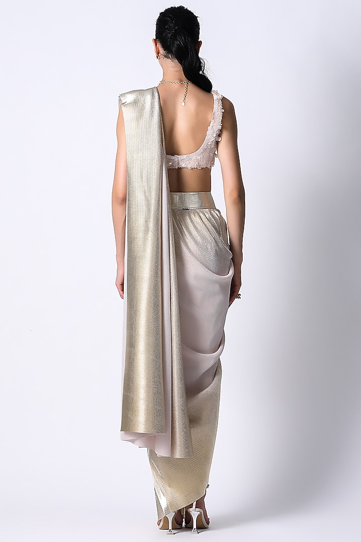 Peach Silk & Pleated Metallic Hand Embroidered RiRi Blouse by 431-88 By Shweta Kapur at Pernia's Pop Up Shop