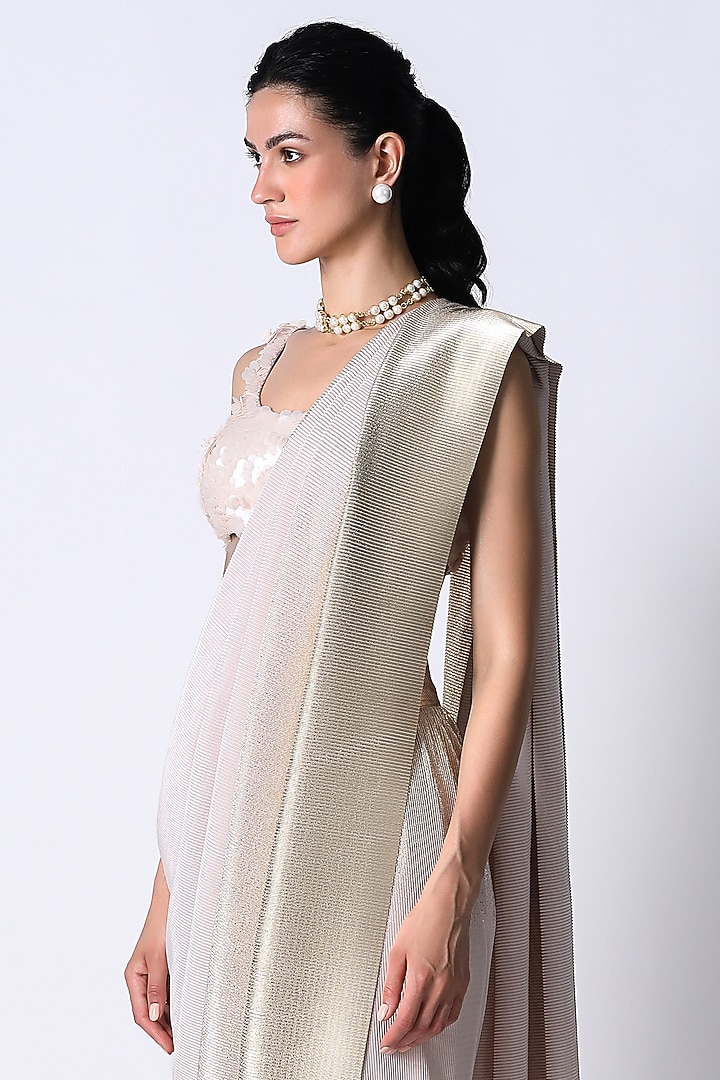 Peach Silk & Pleated Metallic Hand Embroidered RiRi Blouse by 431-88 By Shweta Kapur at Pernia's Pop Up Shop
