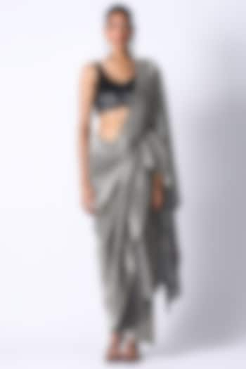 Charcoal Pleated Metallic & Silk Saree Set by 431-88 By Shweta Kapur at Pernia's Pop Up Shop