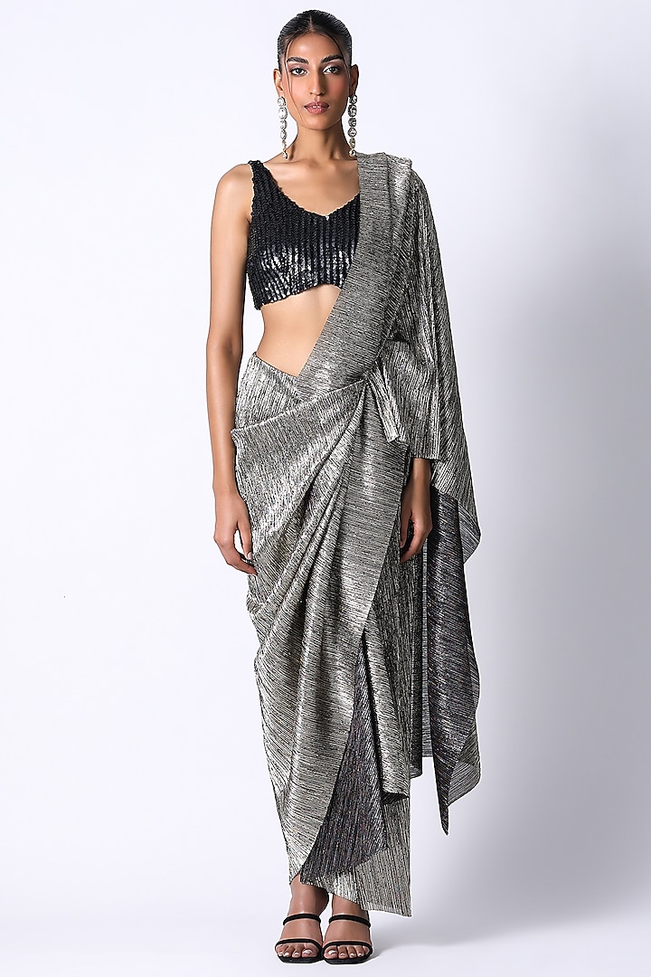 Charcoal Pleated Metallic & Silk Saree Set by 431-88 By Shweta Kapur at Pernia's Pop Up Shop