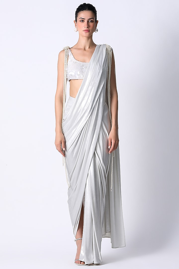 White Jersey Draped Party Wear Saree Set by 431-88 By Shweta Kapur at Pernia's Pop Up Shop