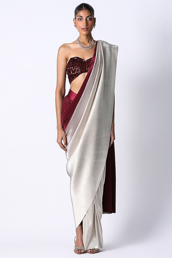 Maroon & Gold Ombre Pre-Draped Saree Set by 431-88 By Shweta Kapur at Pernia's Pop Up Shop