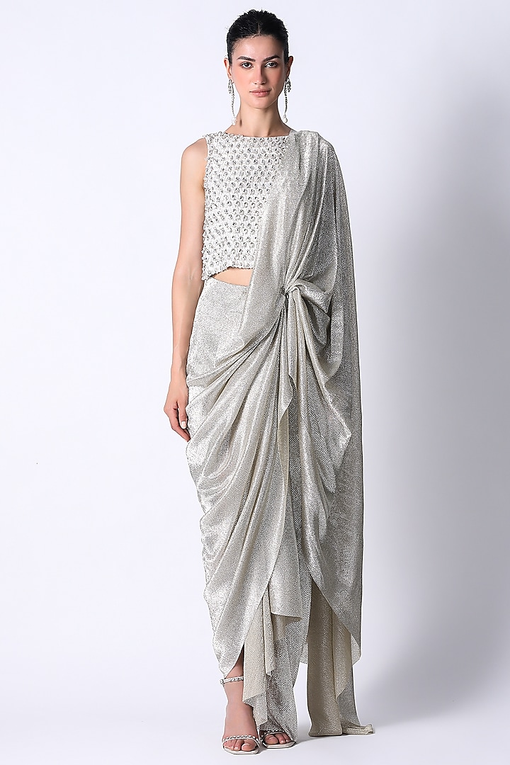 White & Silver Silk Saree Set by 431-88 By Shweta Kapur