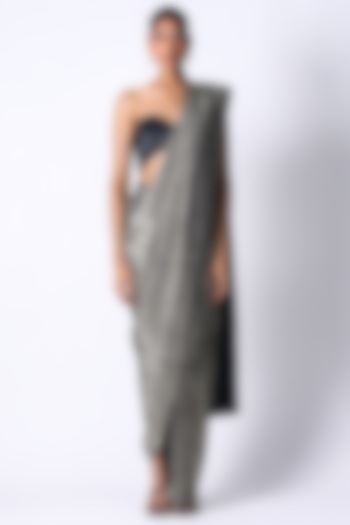 Grey Silk & Pleated Metallic Saree Set by 431-88 By Shweta Kapur at Pernia's Pop Up Shop