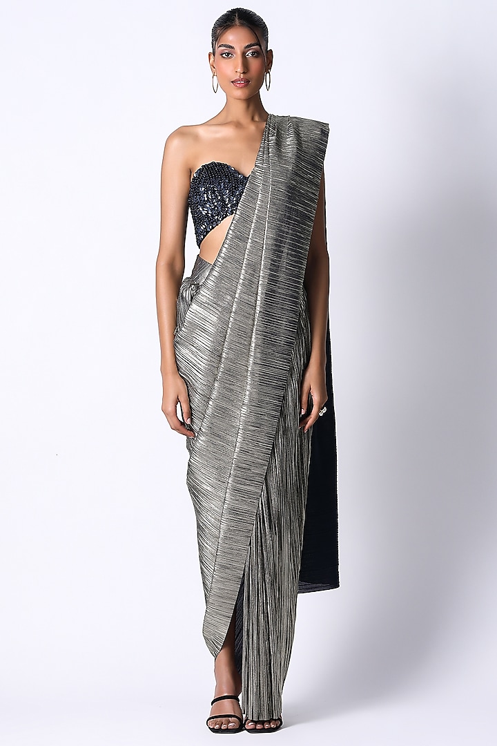 Grey Silk & Pleated Metallic Saree Set by 431-88 By Shweta Kapur at Pernia's Pop Up Shop