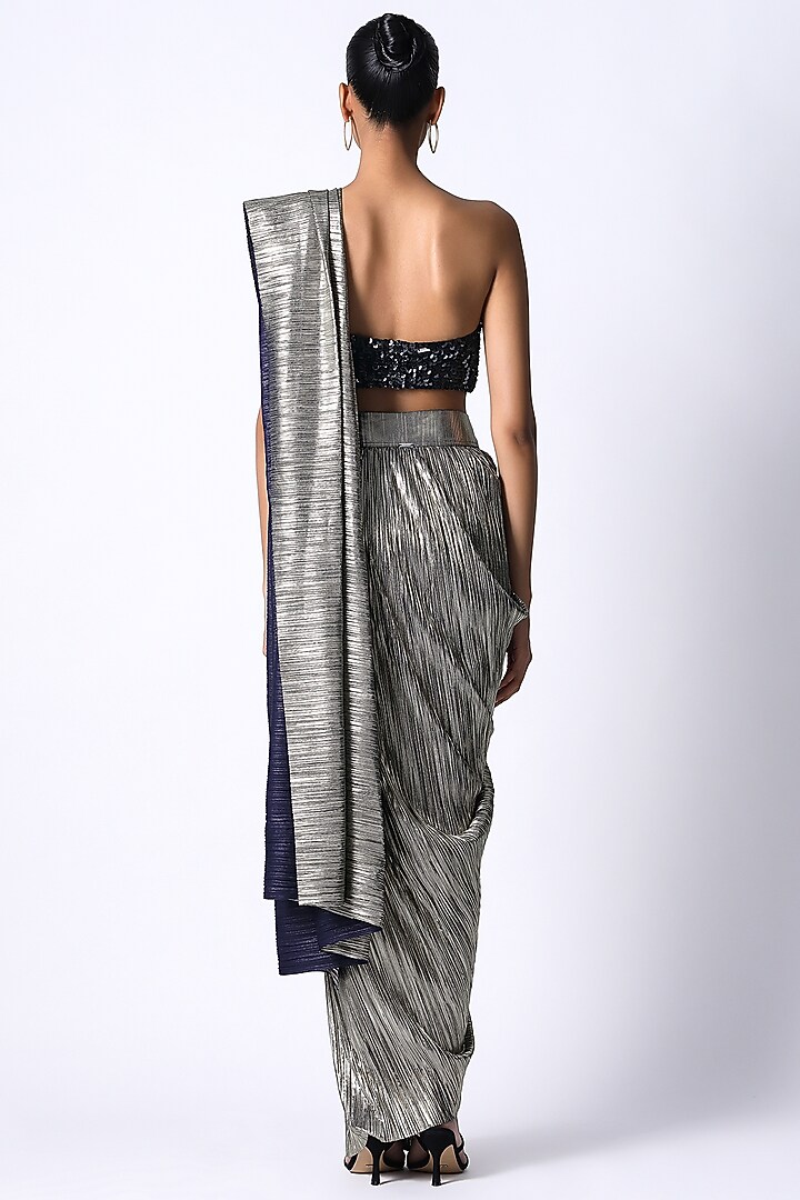 Grey Silk & Pleated Metallic Wedding Saree Set by 431-88 By Shweta Kapur at Pernia's Pop Up Shop