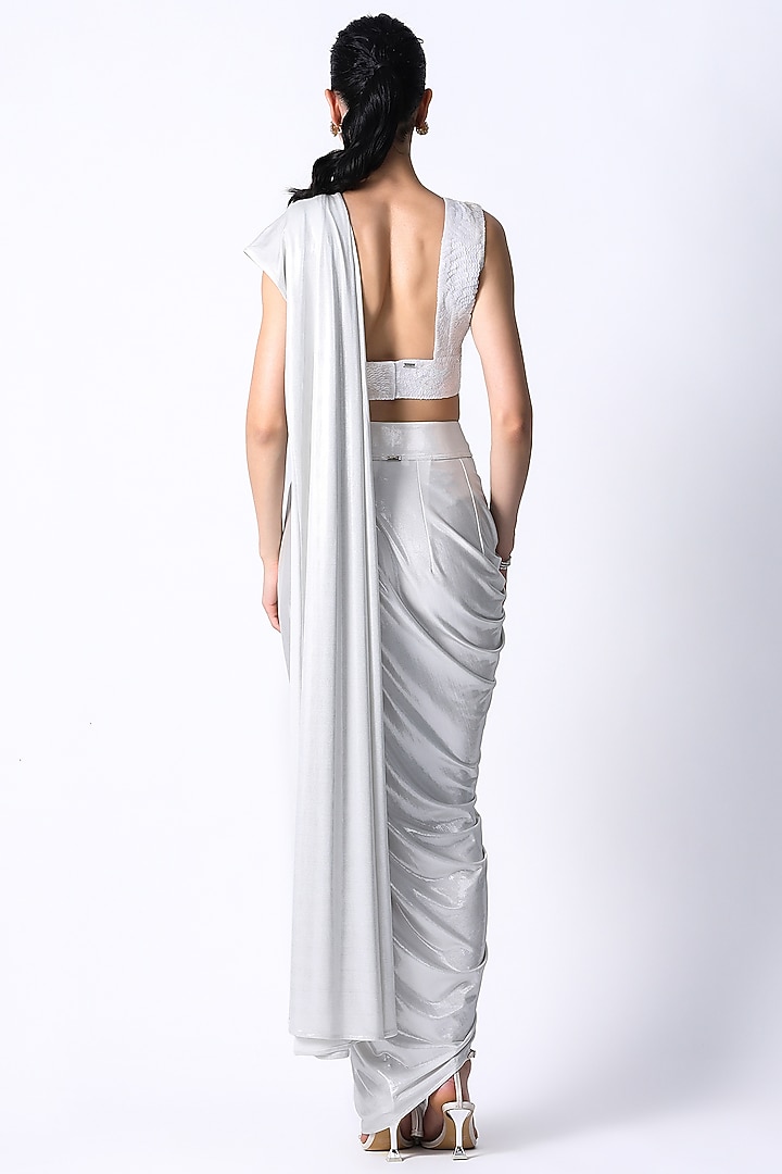 White Jersey Draped Wedding Saree Set by 431-88 By Shweta Kapur at Pernia's Pop Up Shop