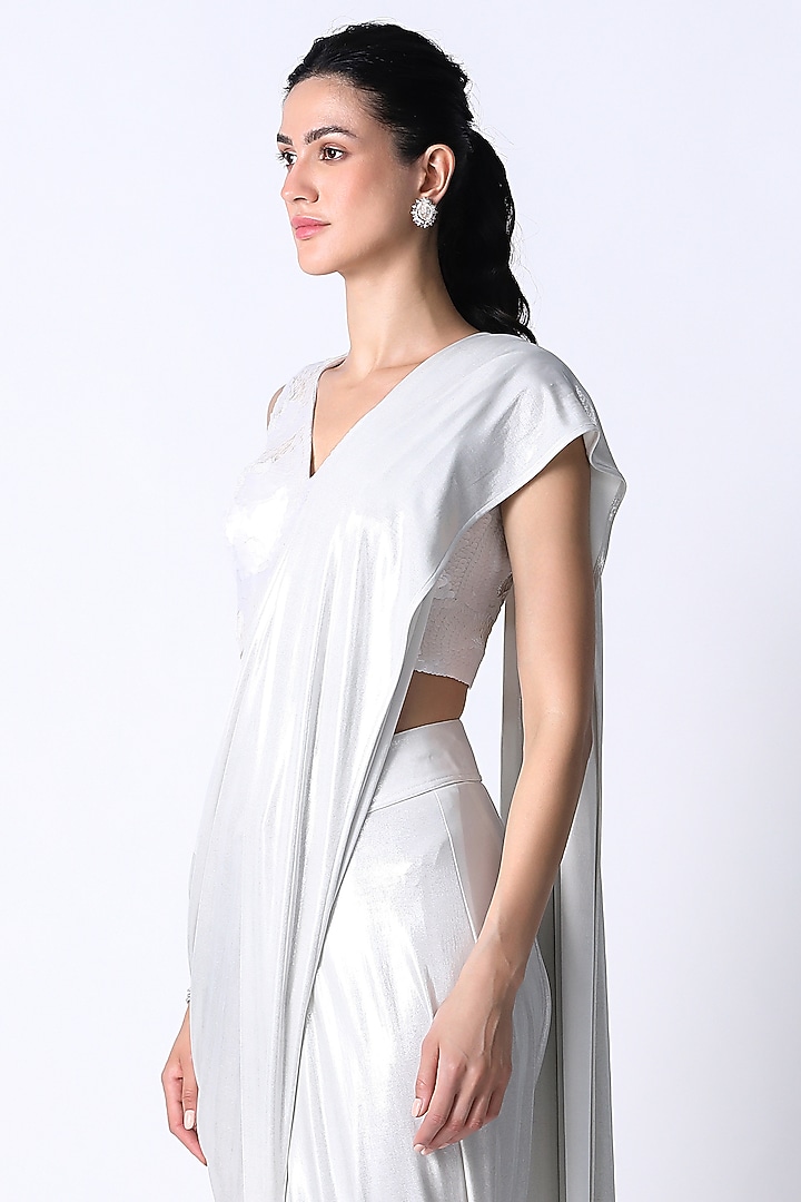 White Jersey Draped Wedding Saree Set by 431-88 By Shweta Kapur at Pernia's Pop Up Shop