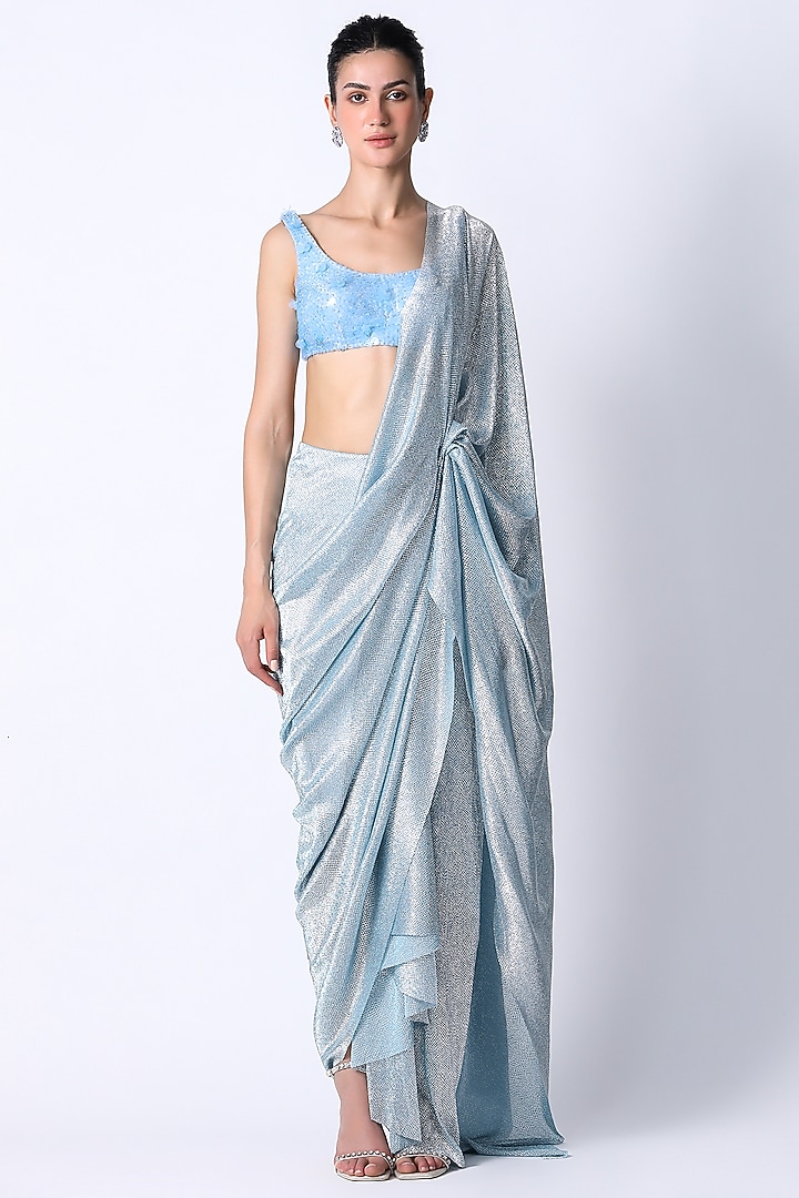 Ice Blue Silk Party Wear Saree Set by 431-88 By Shweta Kapur at Pernia's Pop Up Shop
