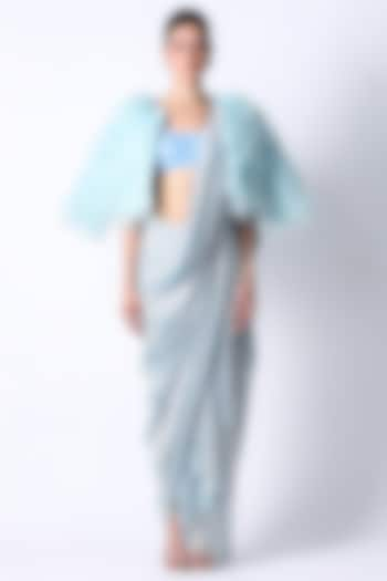 Ice Blue Silk & Satin Jacket Saree Set by 431-88 By Shweta Kapur at Pernia's Pop Up Shop