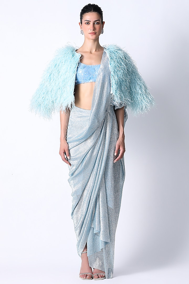 Ice Blue Silk & Satin Jacket Saree Set by 431-88 By Shweta Kapur at Pernia's Pop Up Shop