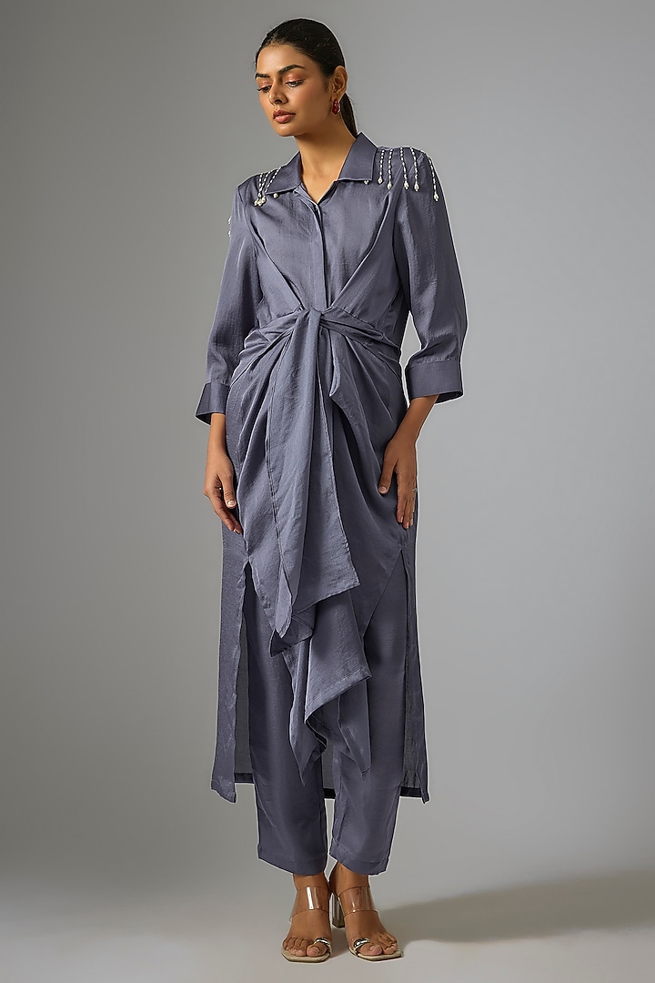 Blue Silk Beads Hand Embroidered Twisted Kurta Set by 431-88 By Shweta Kapur at Pernia's Pop Up Shop