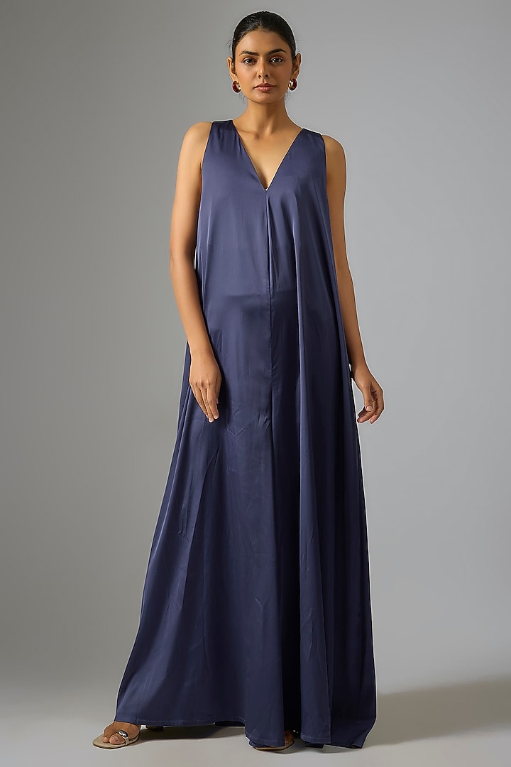 Blue Satin A-Line Jumpsuit by 431-88 By Shweta Kapur at Pernia's Pop Up Shop