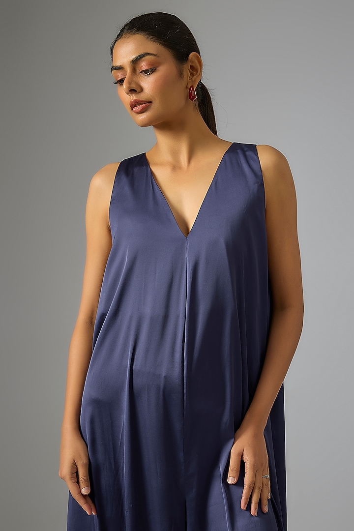 Blue Satin A-Line Jumpsuit by 431-88 By Shweta Kapur at Pernia's Pop Up Shop