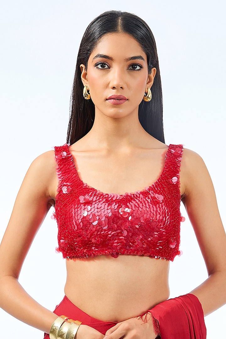 Red Silk Sequins Hand Embroidered Blouse by 431-88 By Shweta Kapur at Pernia's Pop Up Shop