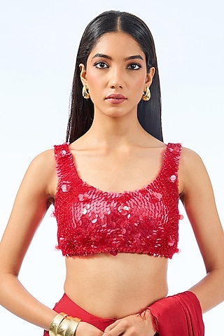 Red Silk Sequins Hand Embroidered Blouse by 431-88 By Shweta Kapur