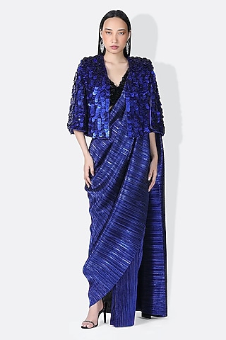 Electric Blue Silk Sequins Embroidered Cape by 431-88 By Shweta Kapur