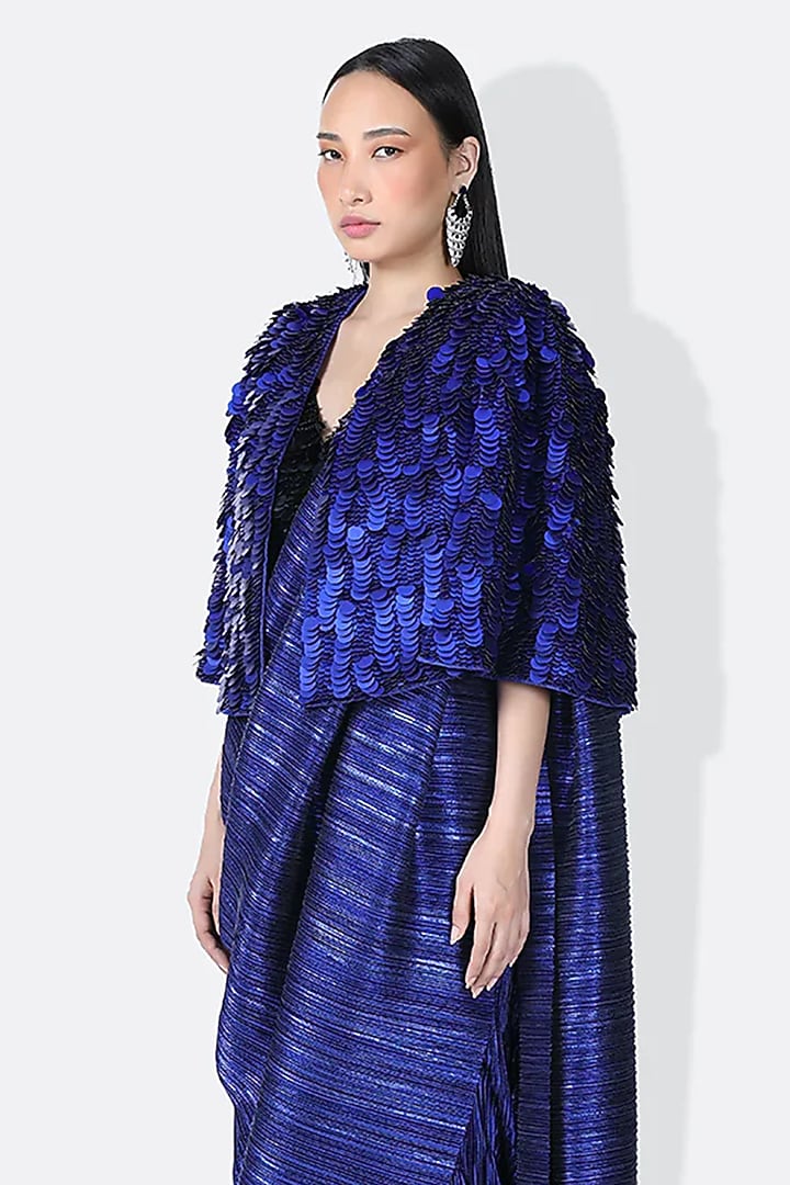 Electric Blue Silk Sequins Embroidered Cape by 431-88 By Shweta Kapur at Pernia's Pop Up Shop